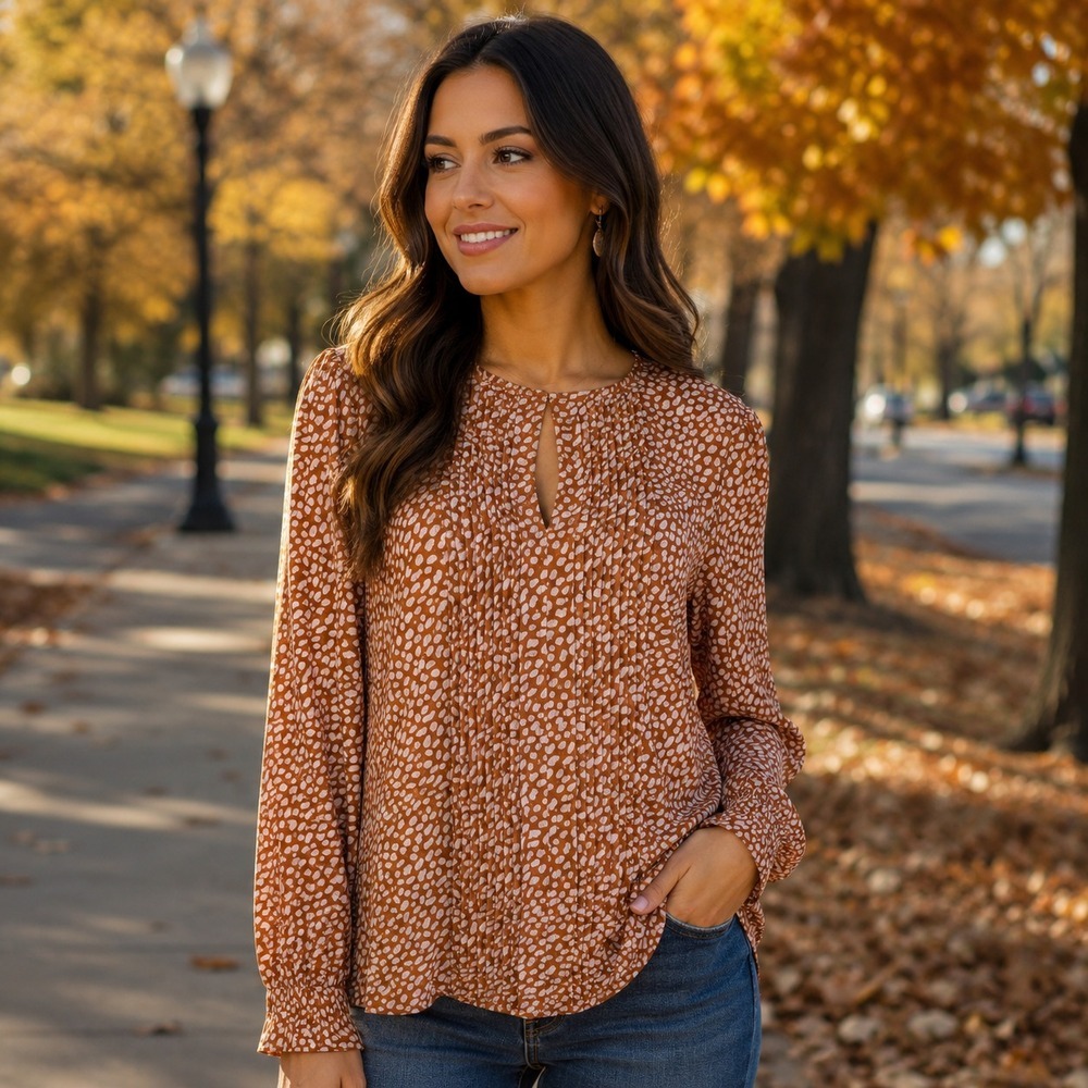 Ann Taylor Women's Small Butterscotch Cream Animal Print Long Sleeve Blouse